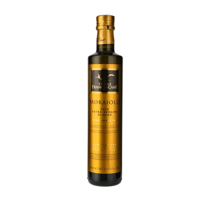 Terre Francescane Moraiolo Olivenöl Flasche vor weißem Hintergrund.