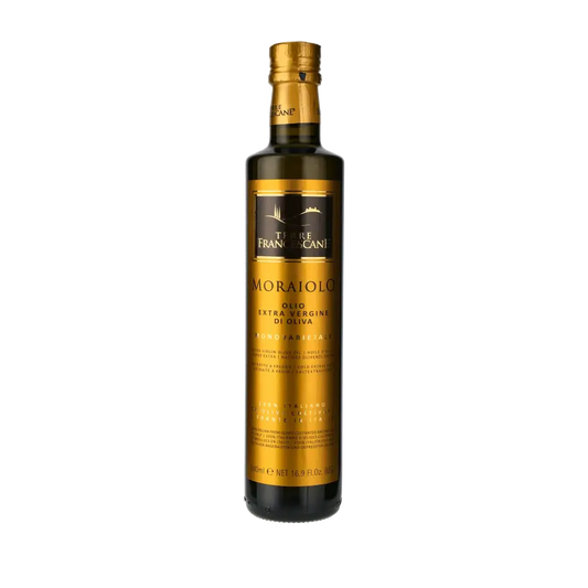 Terre Francescane Moraiolo Olivenöl Flasche vor weißem Hintergrund.