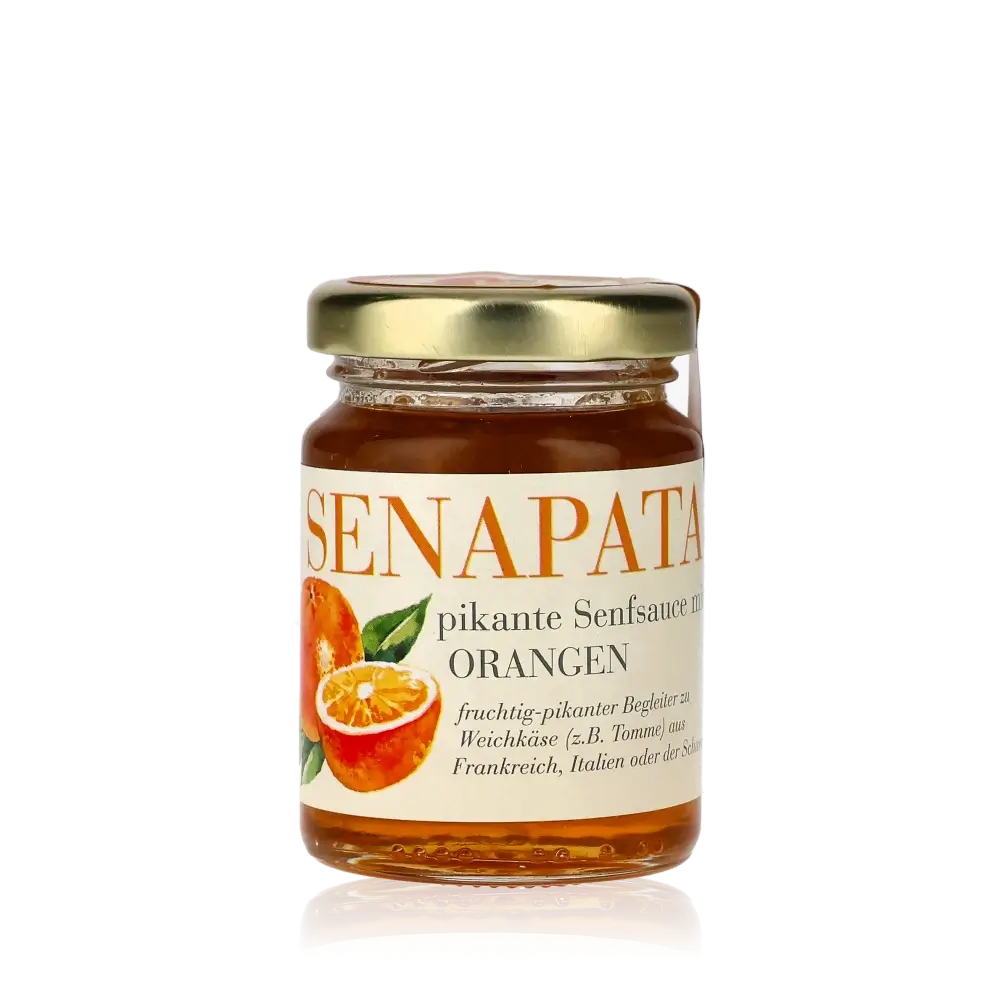 Senapata pikante Senfsauce mit Orangen im Glas.