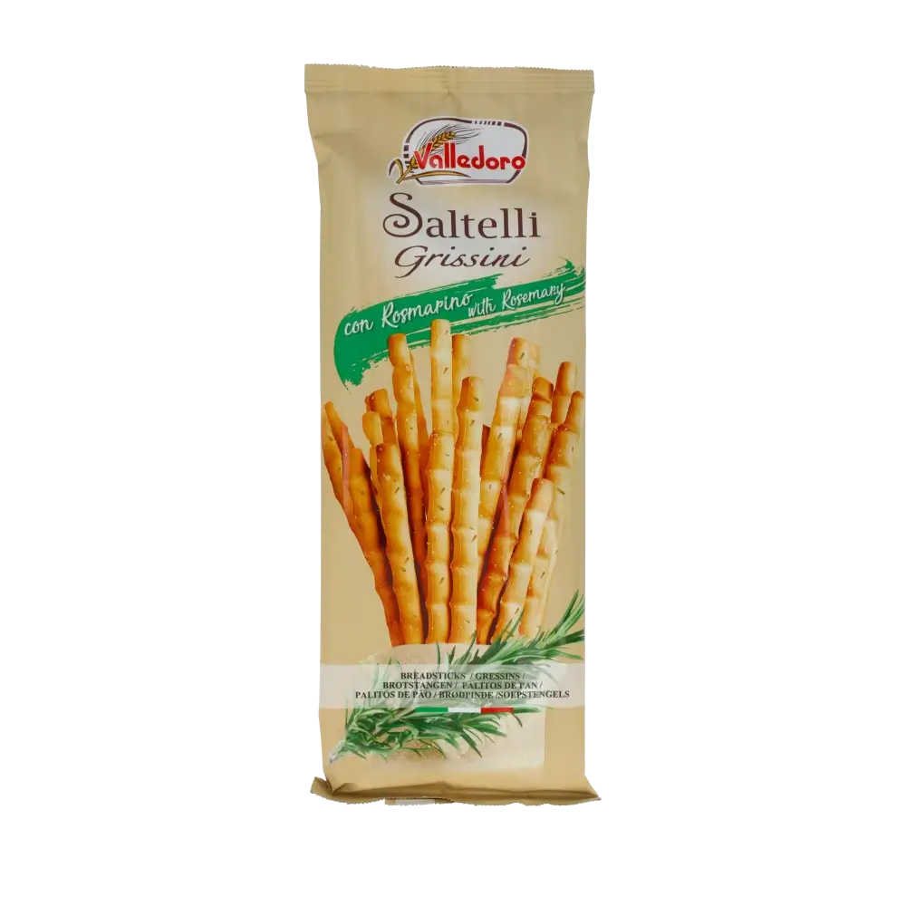 Valledoro Saltelli Grissini mit Rosmarin in Verpackung.