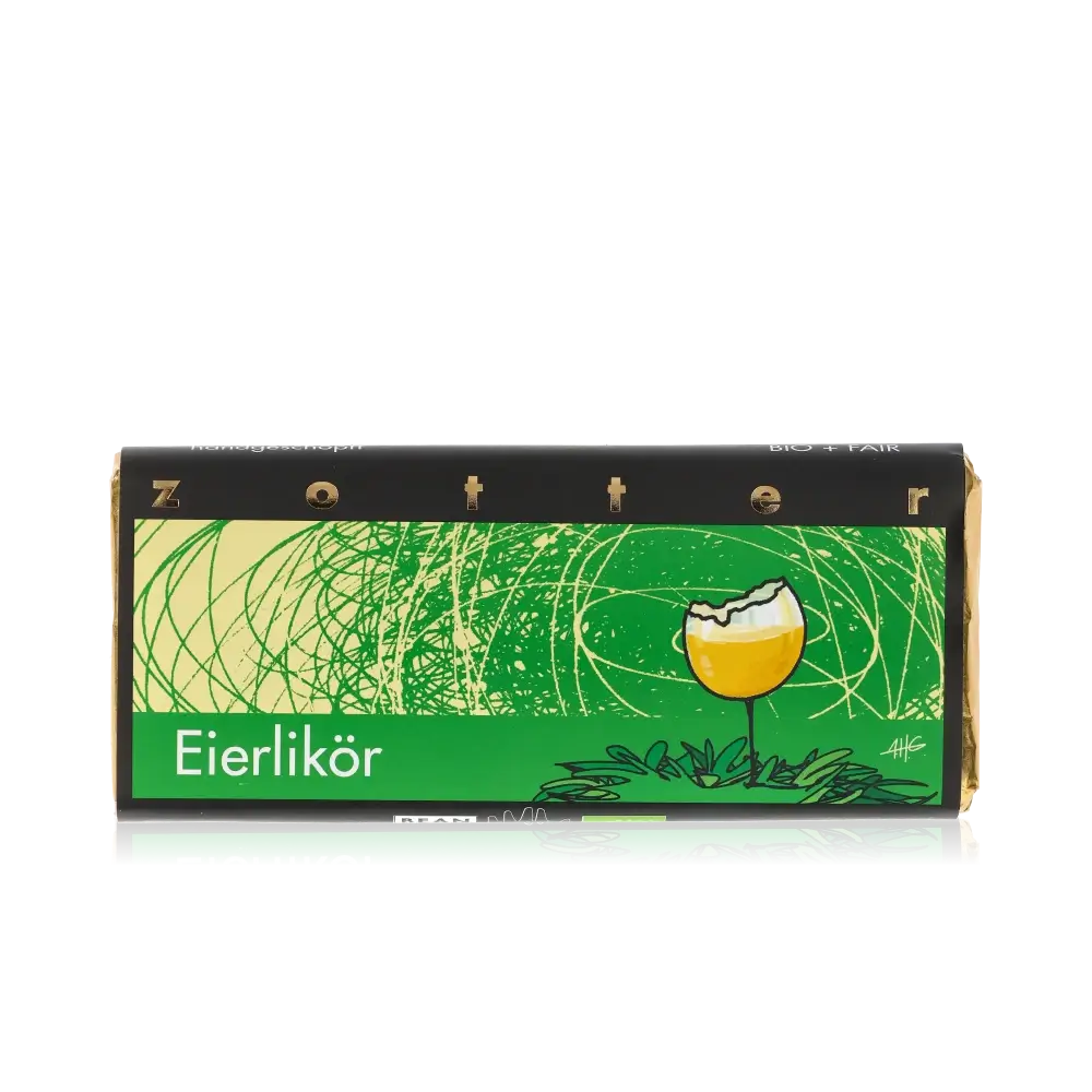 Zotter Schokolade Eierlikör Tafel mit grünem Design.