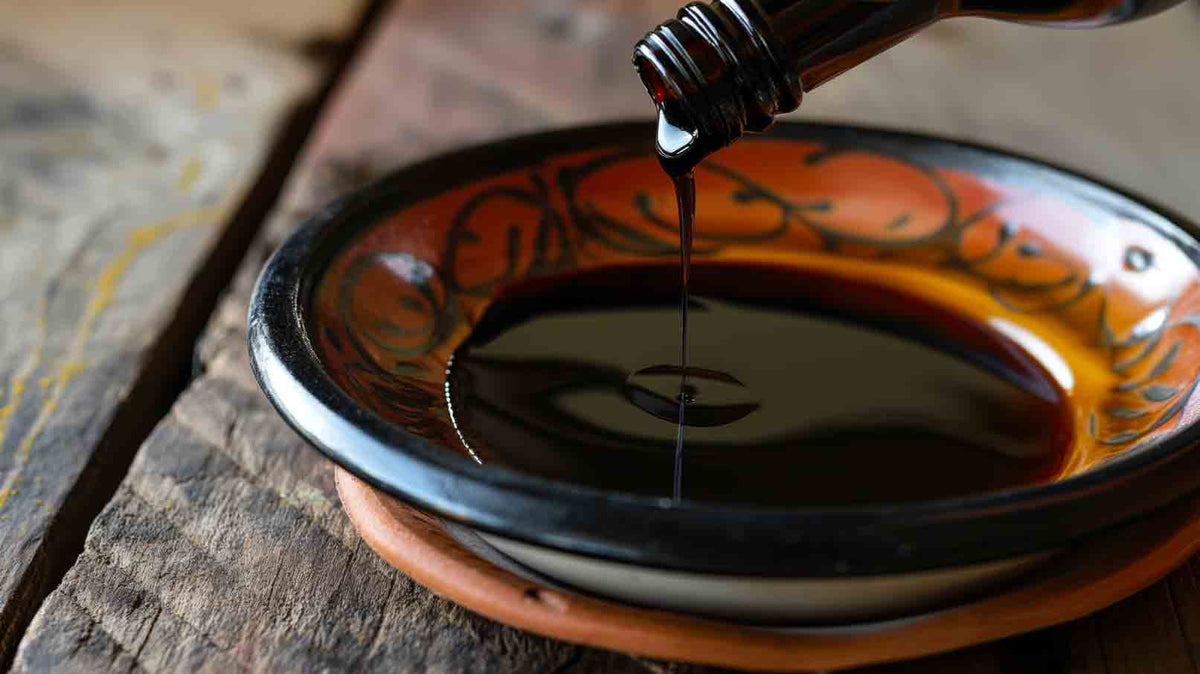 Balsamico-Essig fließt aus Flasche in Schale.
