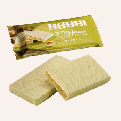 Babbi Pistazienwaffeln in Verpackung und ausgepackt.