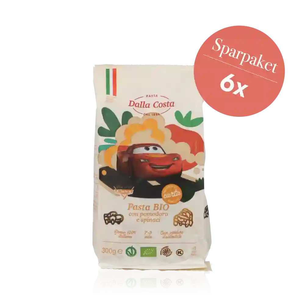 Sparpaket Disney Pasta 'Cars' BIO 6 x 250g – dreifarbige pasta mit Cars-Motiv.