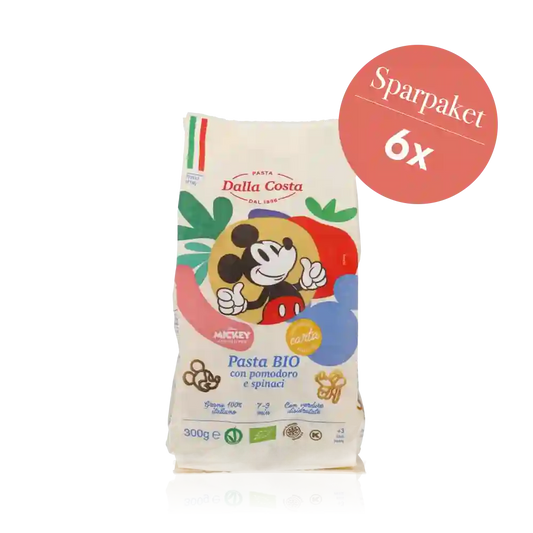 Sparpaket Disney Pasta 'Mickey Mouse' BIO – dreifarbige Pasta mit Tomate und Spinat und Mickey Mouse Motiv.