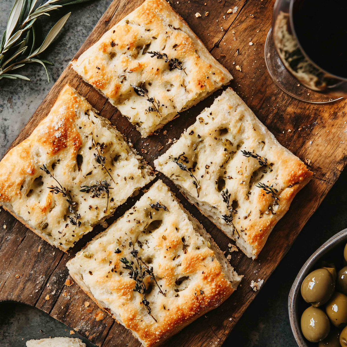 Focaccia auf Holzbrett mit Oliven und Rotwein.