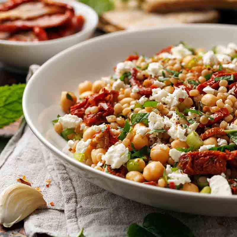 Kichererbsensalat mit Feta und Tomaten.