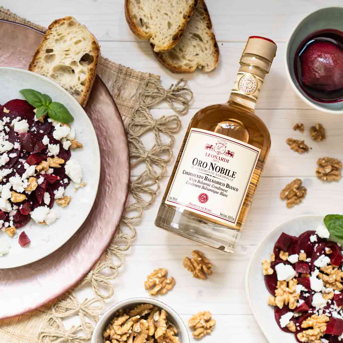 Weißer Balsamico, rote Beete, Walnüsse, Brot, Leonardi Oro Nobile.