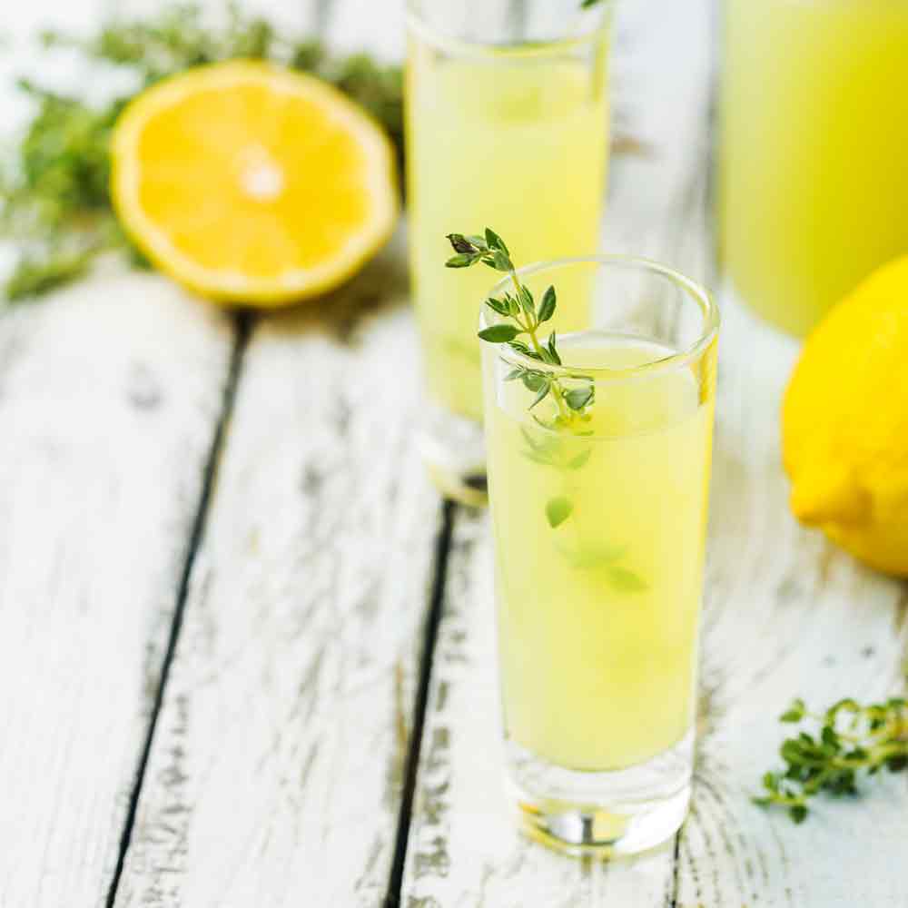 Zwei Gläser Limoncello mit Zitronen und Kräutern auf Tisch.