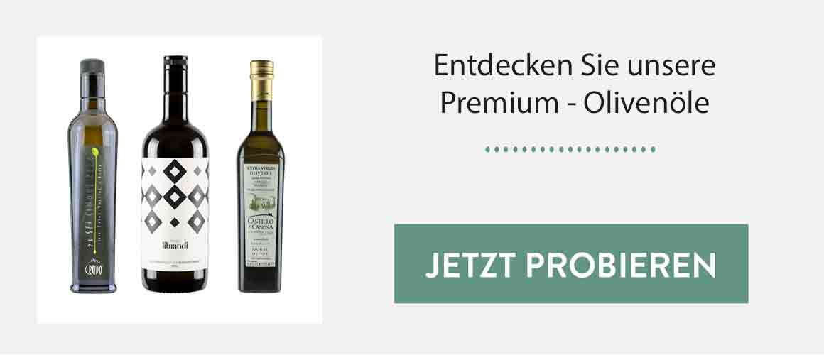 Drei Flaschen Olivenöl mit Text "Entdecken Sie unsere Premium-Olivenöle".