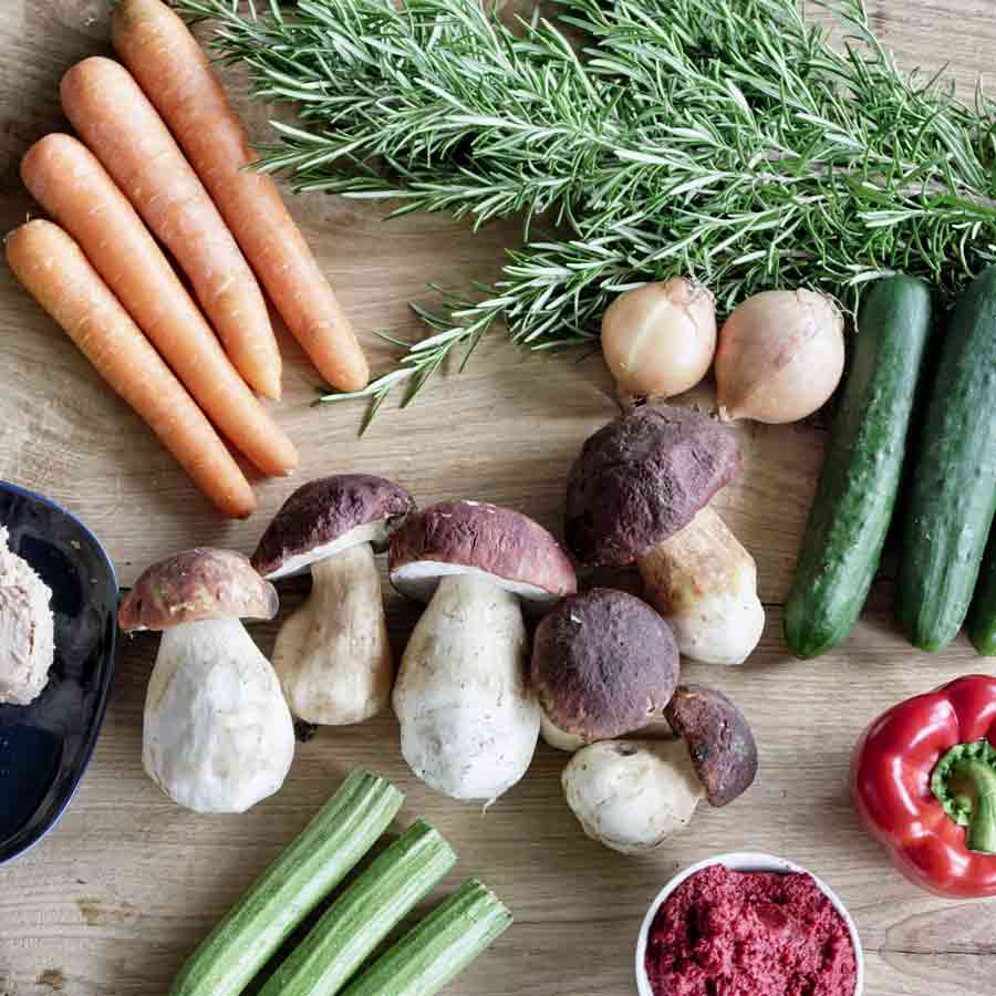 Karotten, Steinpilze, Rosmarin, Zwiebeln, Gurken, Paprika, Gemüse.