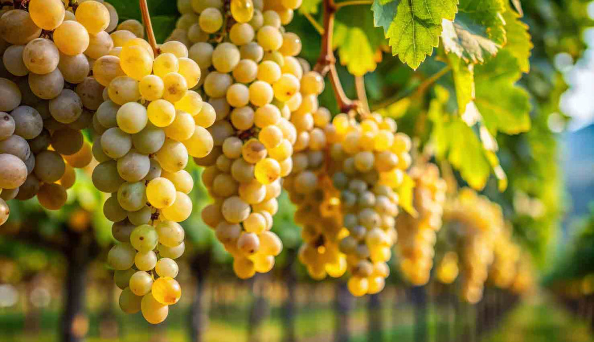 Weintrauben hängen an Reben im Weinberg bei Sonnenschein.